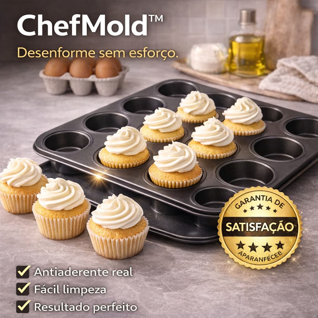 Assadeira Cupcake 12 Cavidades Antiaderente ChefMold Forma Pão de Queijo Aço Carbono Forno