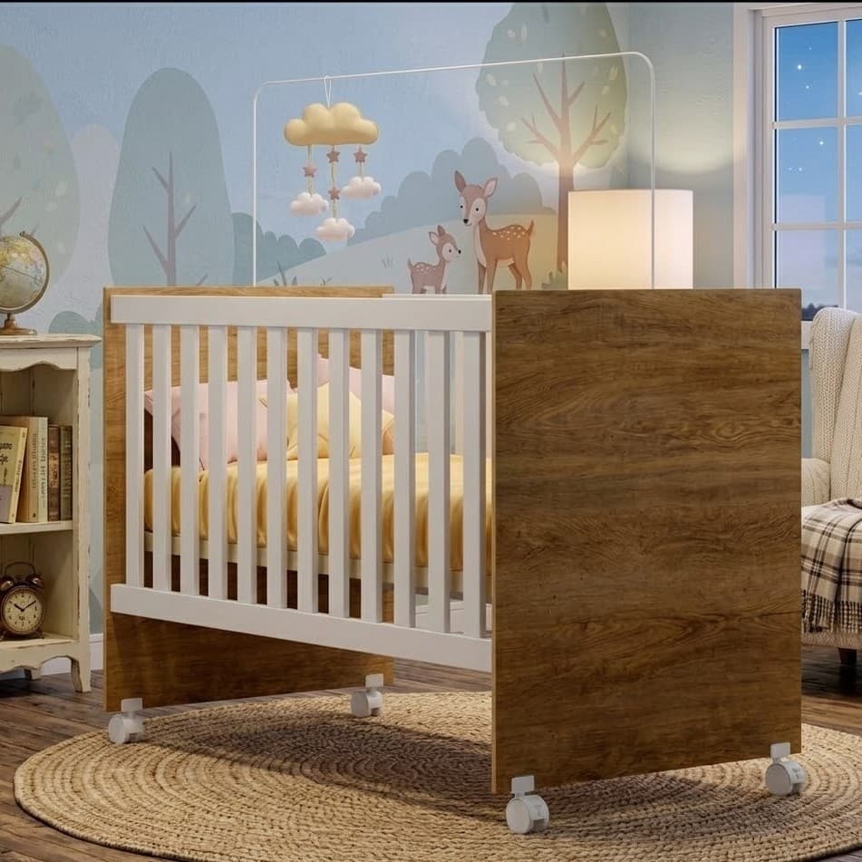 Berço Life Vira Mini Cama 2 em 1 MDF Compacto Rodízios Suporte Mosquiteiro Ideal Quartos de Bebê  Acompanha Colchão- AV