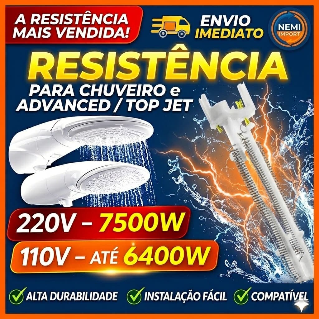 Resistência Compatível Chuveiro Lorenzetti Advanced E Top Jet 220V 7500W  Reforçada Multitemperatura