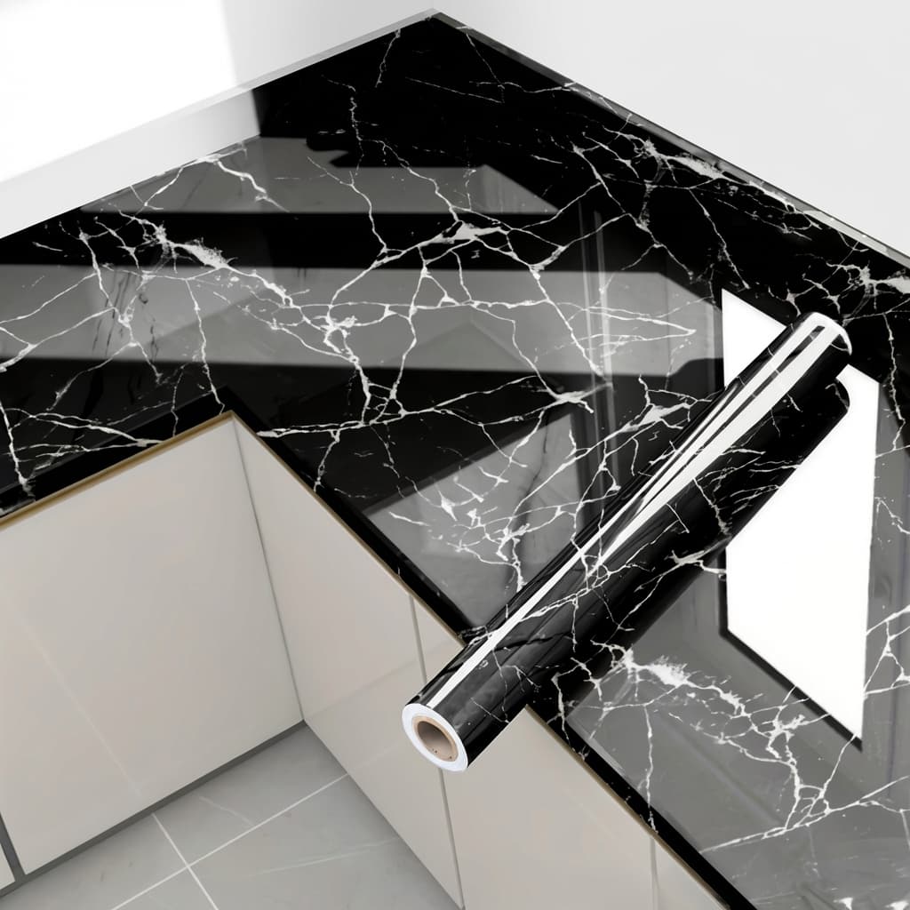 Papel Adesivo Mármore Preto Impermeável 60cm x 5m Autocolante Lavável Para Cozinha Móveis Paredes Azulejos Portas