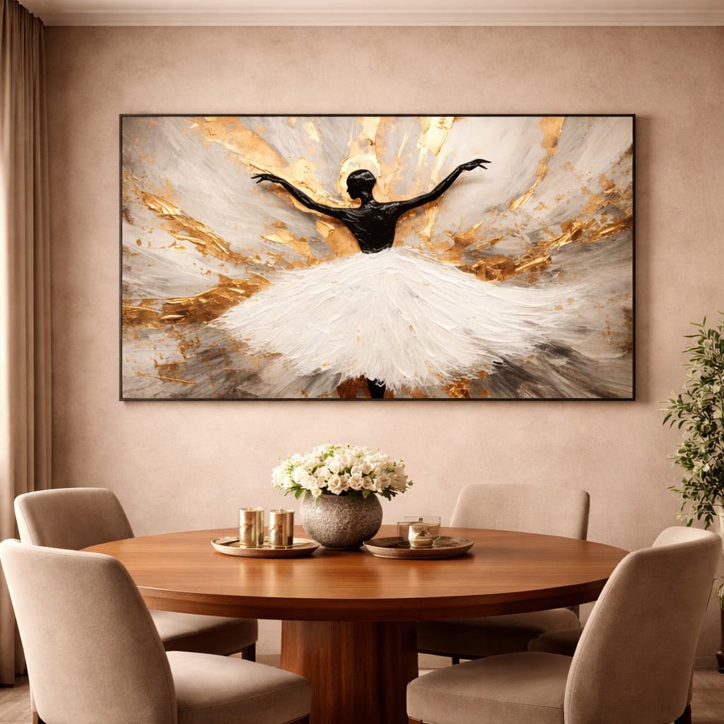 Quadro Decorativo Bailarina Dançando Vestido Branco Ouro Luxo Minimalista Elegante