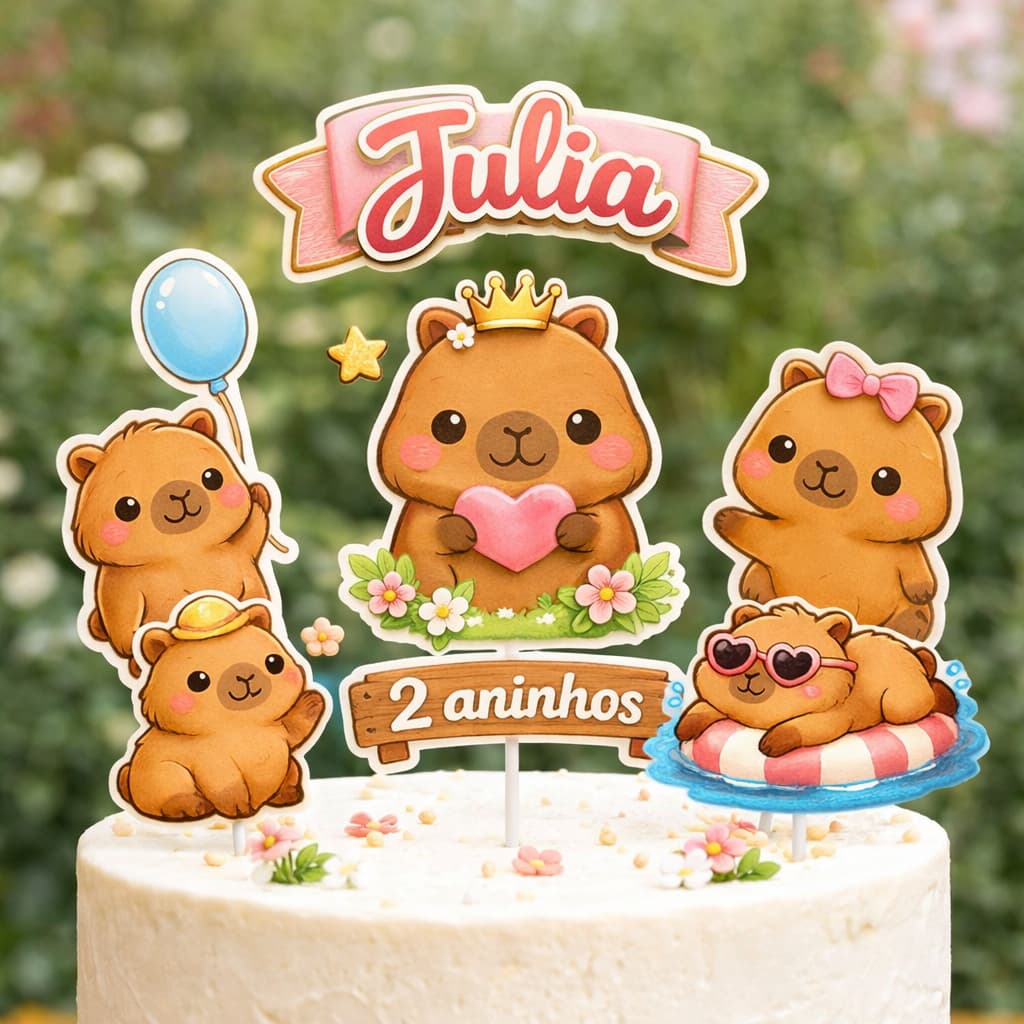 Topo de Bolo Capivaras Fofas - Topo de Bolo Personalizado Capivara-Decoração de Bolo Capivara Cute