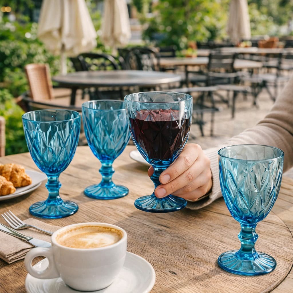 Conjunto Copos Taças 06 Unidades Vidro Azul 330ml Perfeito Para Servir Bebidas Elegância Durável