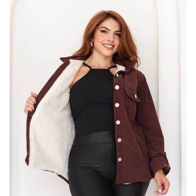 Casaco Feminino Forrado com Pelúcia Veludo Estilo Inverno Chic