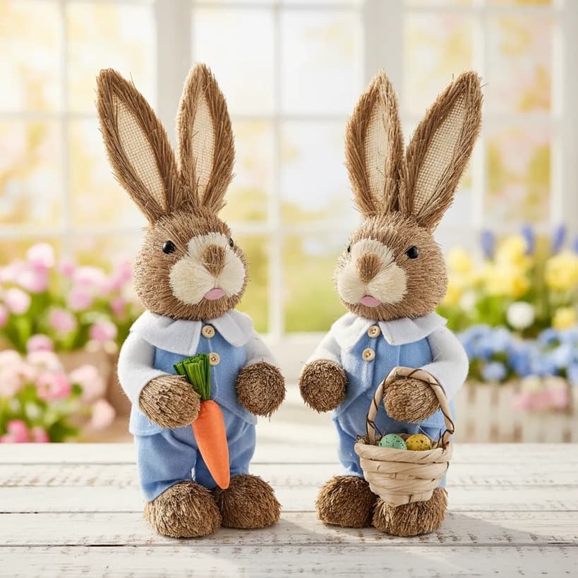 Casal De Coelhos De Páscoa Em Palha 35cm Enfeite Decoração - 2 Coelhos