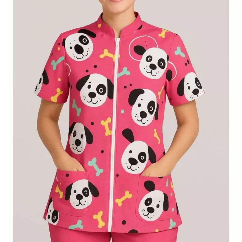Scrub Veterinário com Ziper Estampado Cachorrro Jaleco Feminino