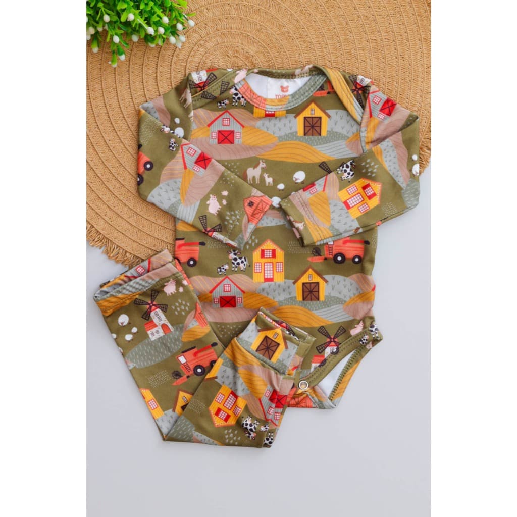Conjunto Bebê Térmico Quentinho Menino Menina Inverno Body e Calça Estampa Fazendinha Verde