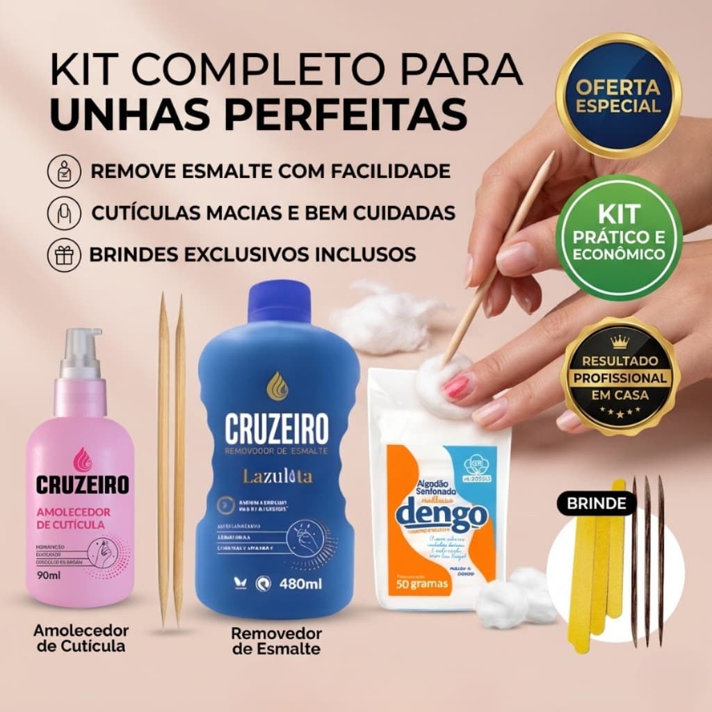 Kit Manicure Completo  Acetona 480ml+Amolecedor de Cutículas+Algodão 50g+Lixas Palitos Brinde