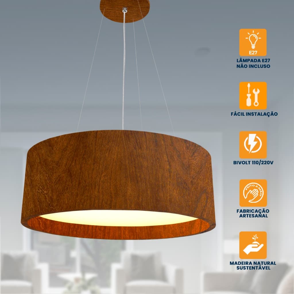 Pendente Redondo Madeira Natural 30cm Decoração Iluminação Interna Design Elegante Moderno Qualidade