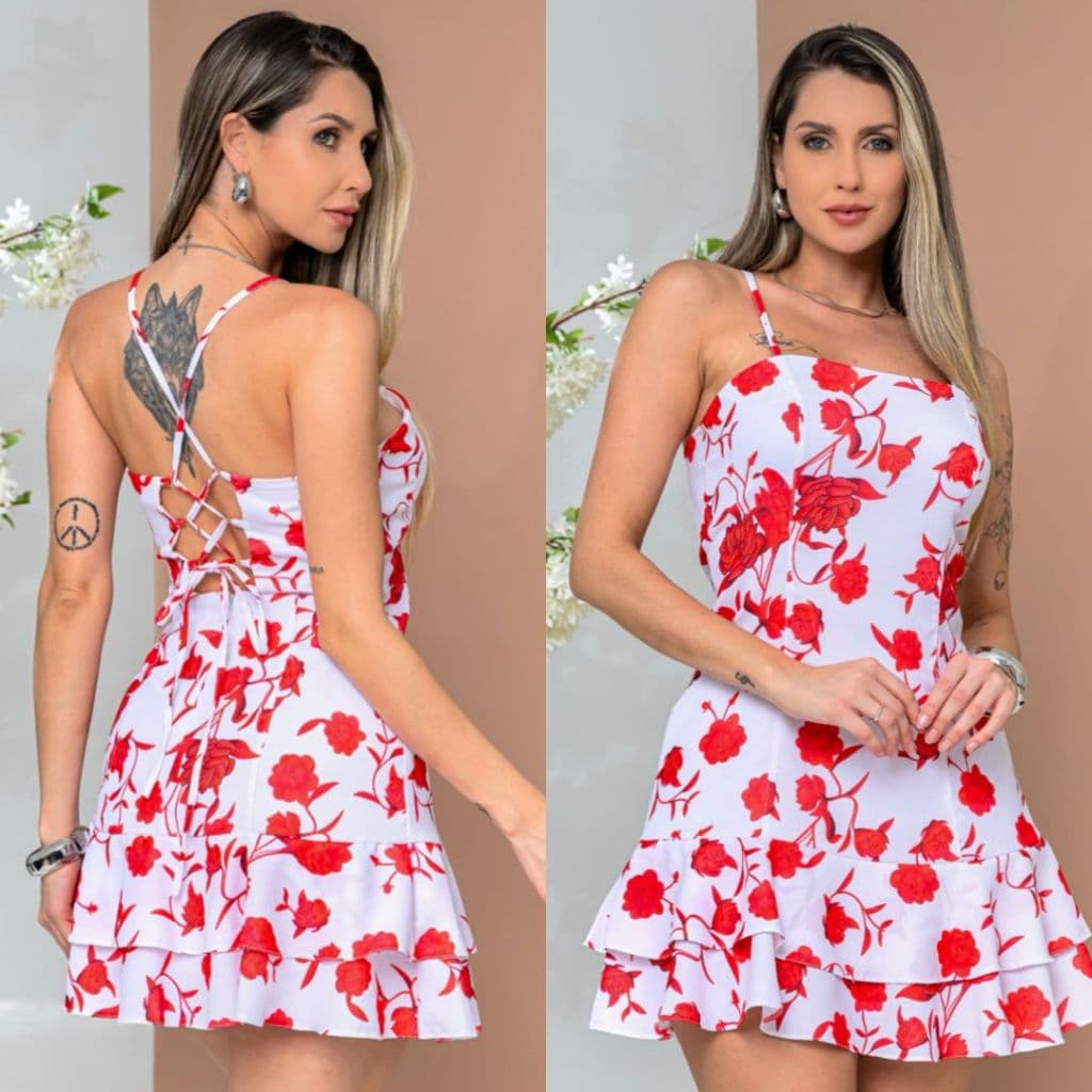 Vestido Curto Feminino Soltinho com Dois Babados Alça Fina Ajustável Casual Verão