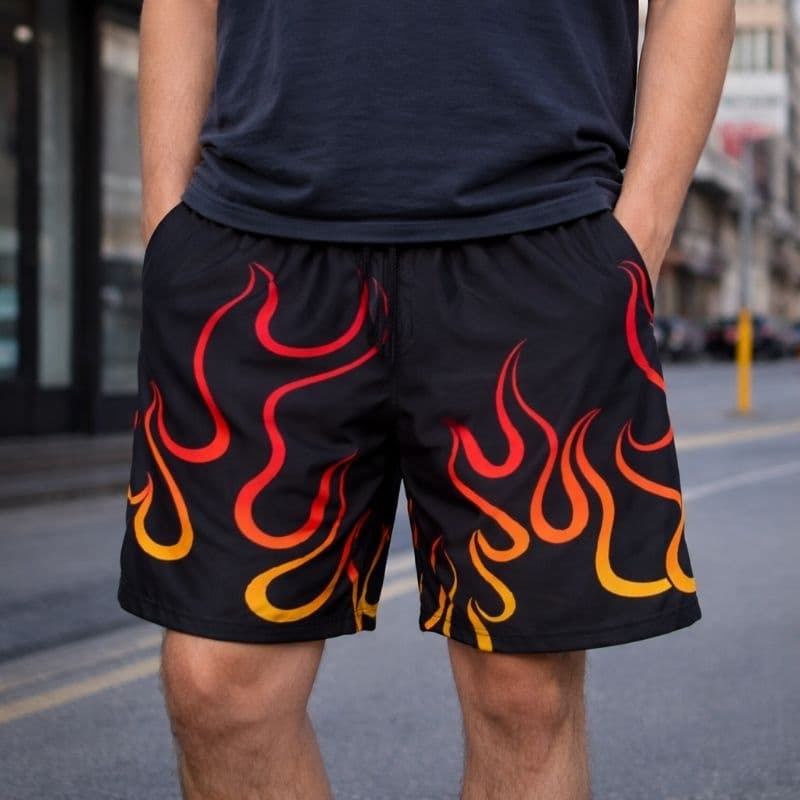 Shorts Tactel Masculino Estampado Fogo Bermuda Fire Elastano Streetwear Masculina Treino