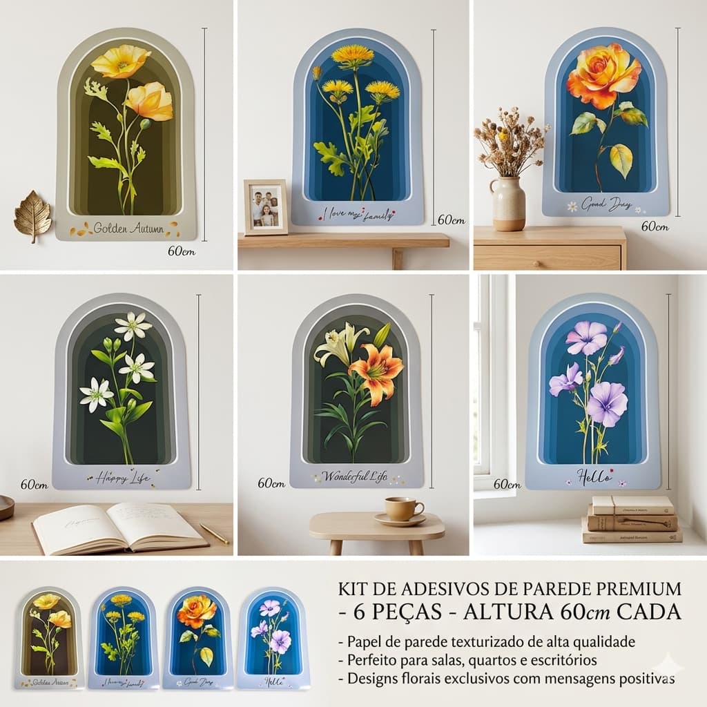 Kit 6 Adesivos de Parede 60cm Placa Flores Decorativa Macia 3d Entrada Porta