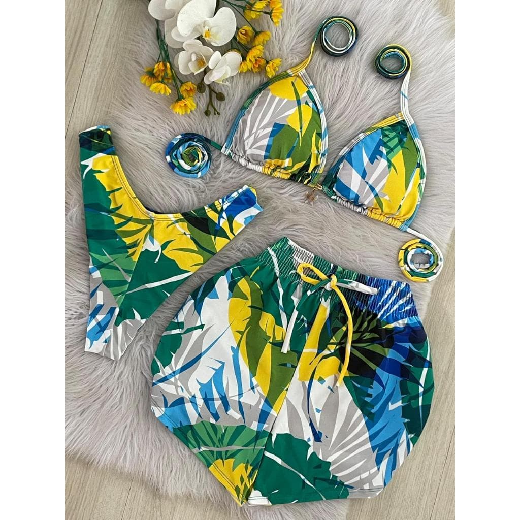 Conjunto Biquíni Cortininha + Shortinho | Look Feminino Praia Colorido Verão Estiloso BRASIL FOLHAGEM
