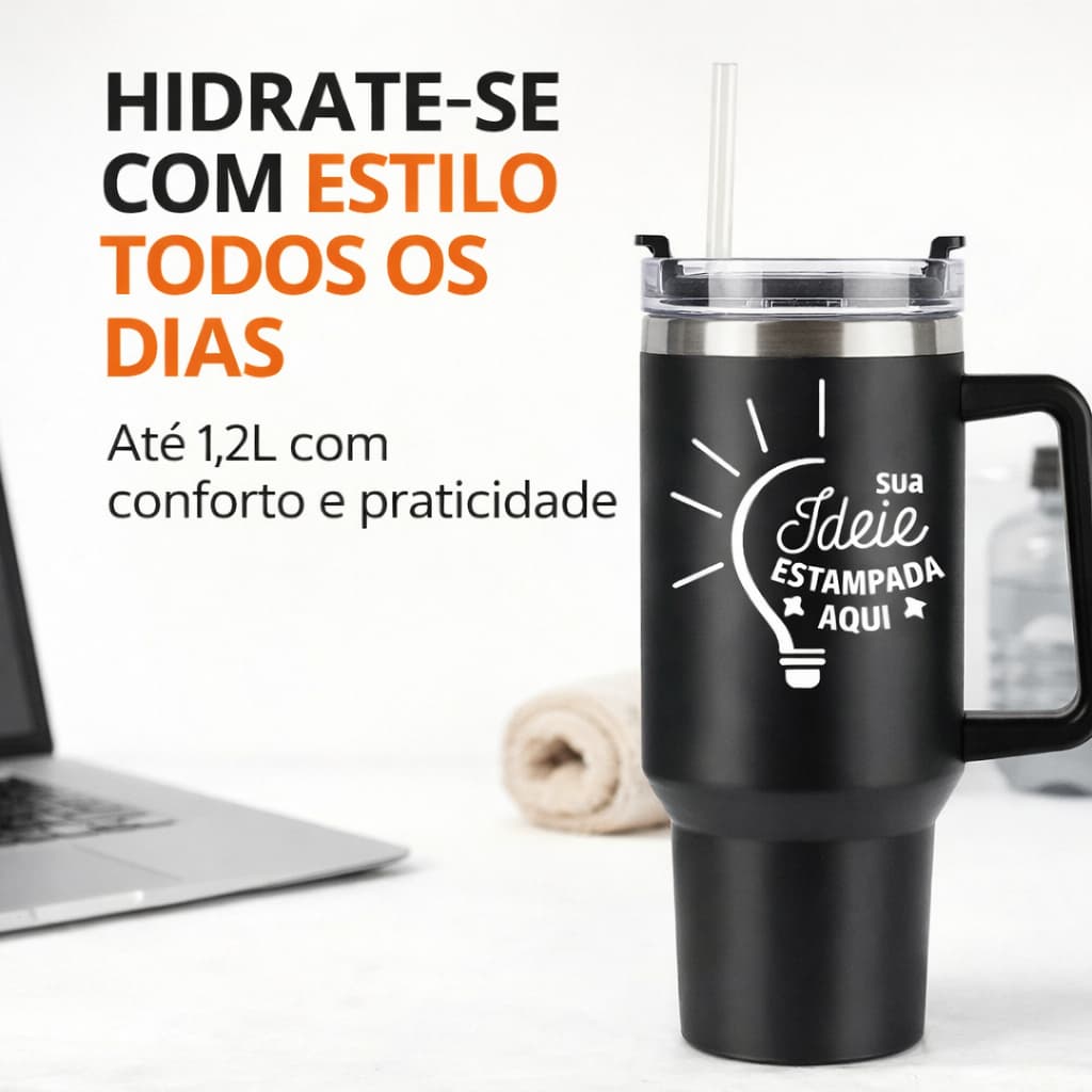 Copo Térmico Personalizado Inox 1200ml com Canudo e Caneca Grande Preta Anti Vazamento Quente Frio