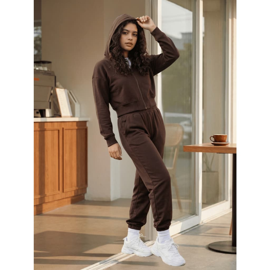Conjunto Feminino de Moletom Calça Jogger e Cropped Com Capuz