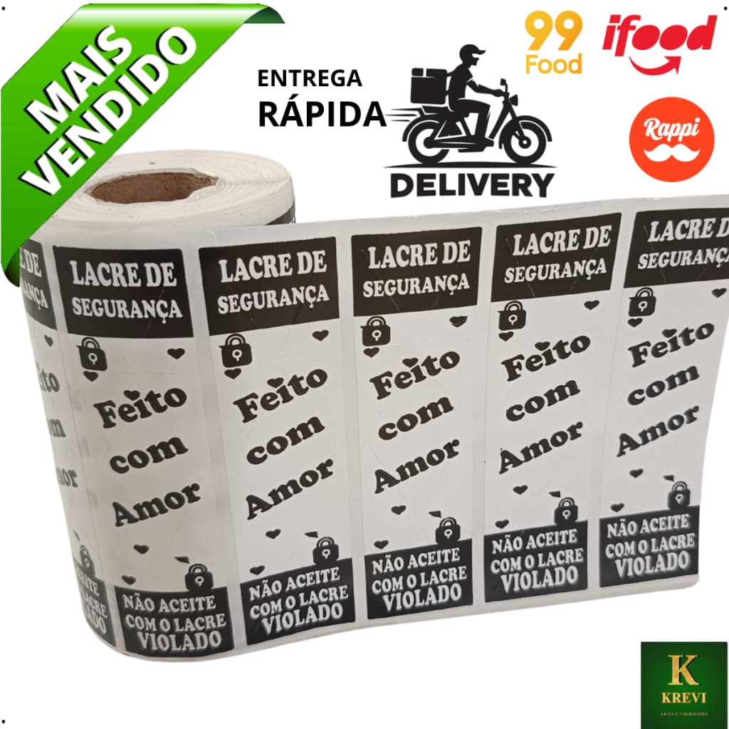Etiqueta Lacre Para Delivery Preto ou Vermelho 100x25mm  Ifood Rappi uber com frase feito com amor
