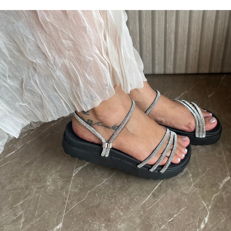 Sandália Feminina Papete Birken Tamanco Luxo Strass Pedraria Brilhante 3 Tiras 2 em 1 Flatform