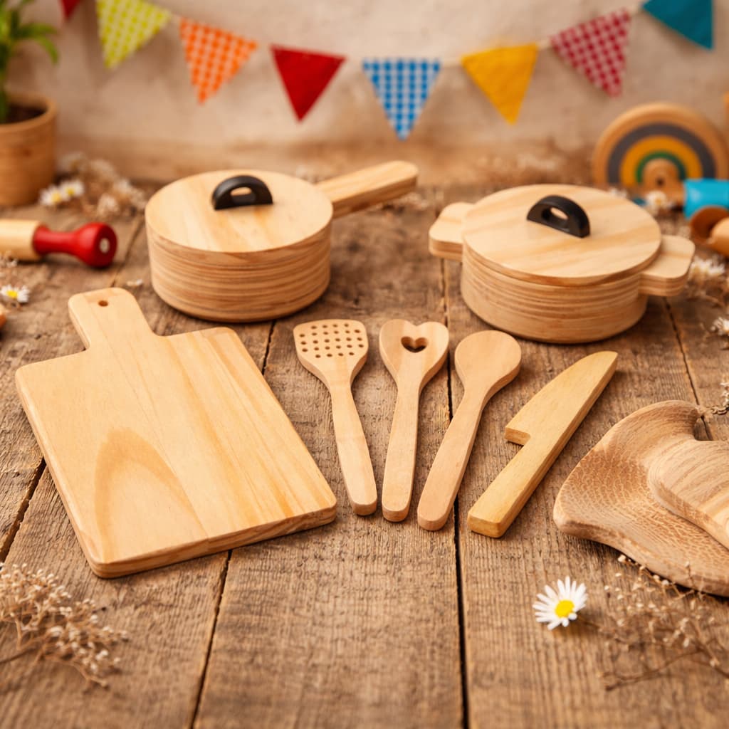 Kit Panelinhas e Utensílios Infantil  em Madeira Brinquedo Educativo Montessori