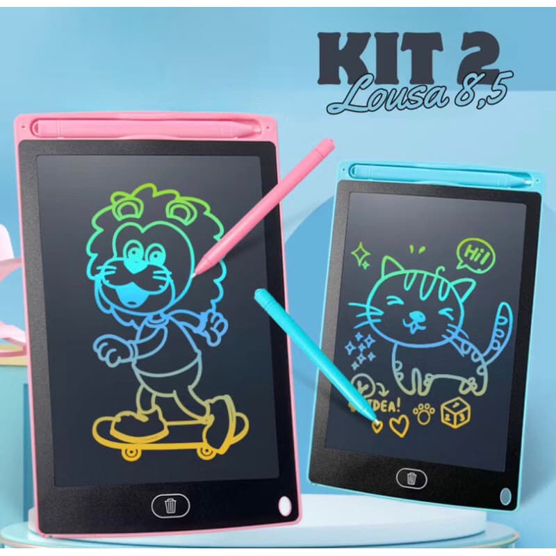 Kit 2 Lousa Mágica Infantil 8.5” LCD Colorida Apaga Fácil com Caneta Tablet de Desenho Educativo