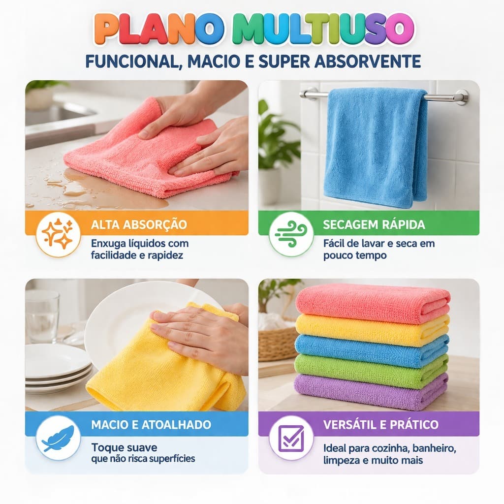 10 Panos Multiuso Colorido – Ideal para Limpeza