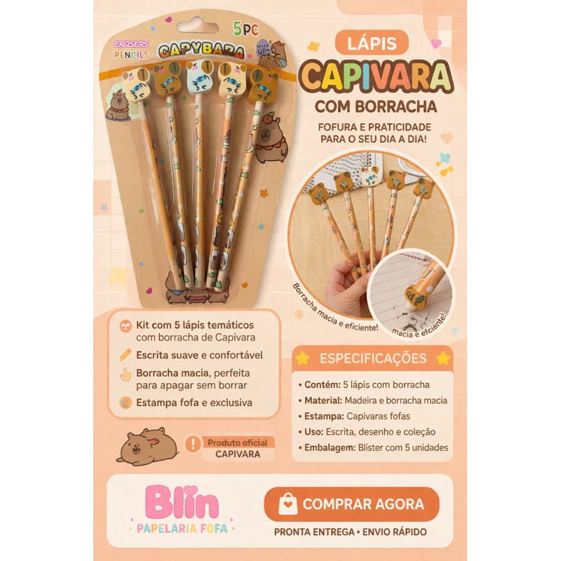 ✨ Kit Lápis Capivara com Borracha – 5 Peças | Papelaria Fofa ✨