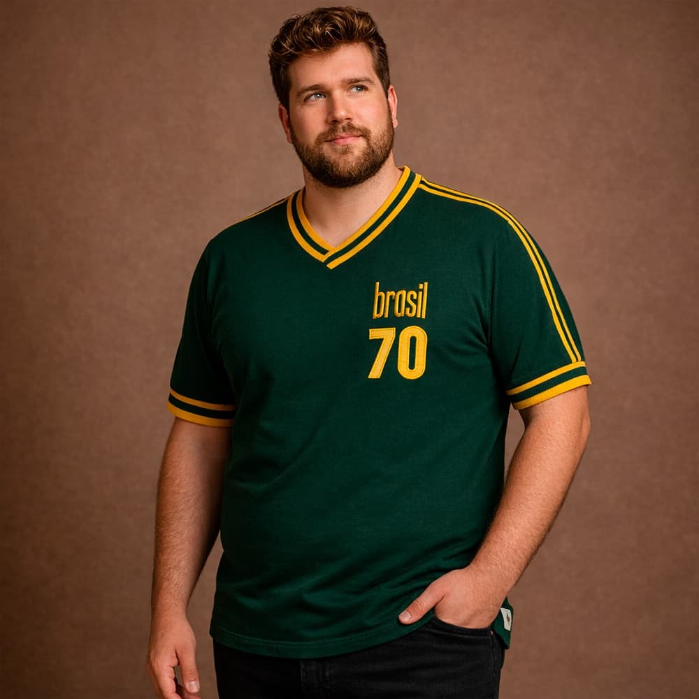Camisa Brasil Plus Size Retrô Treino 1970 Masculina Oficial