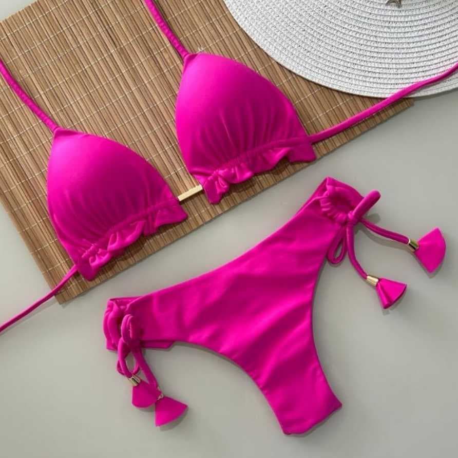 Biquini Cortininha Com Calcinha Fio Duplo, Pink
