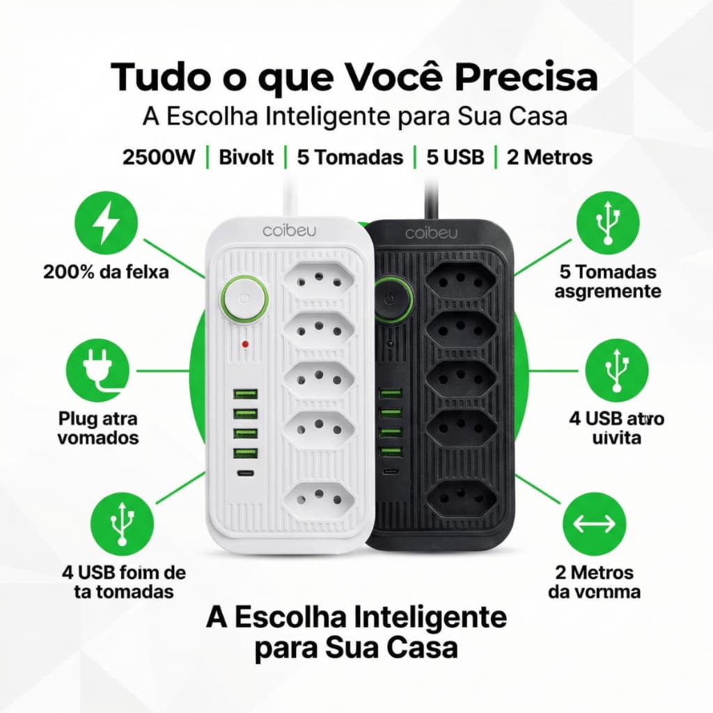 Estação de Energia 10 em 1 | 2500W, 5 Tomadas + 4 USB + 1 Type-C, Bivolt Automático, 2m Cabo