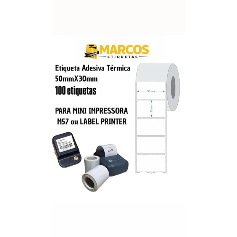 Kit 6 rolos de etiqueta para mini impressora adesiva 50x30 térmica com 100 etiquetas - Nao utiliza ribbon - sem tubete