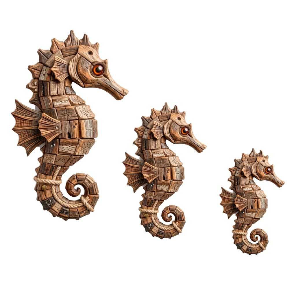 Kit trio cavalo Marinho Rustico Efeito 3D Decoração Casa Praia
