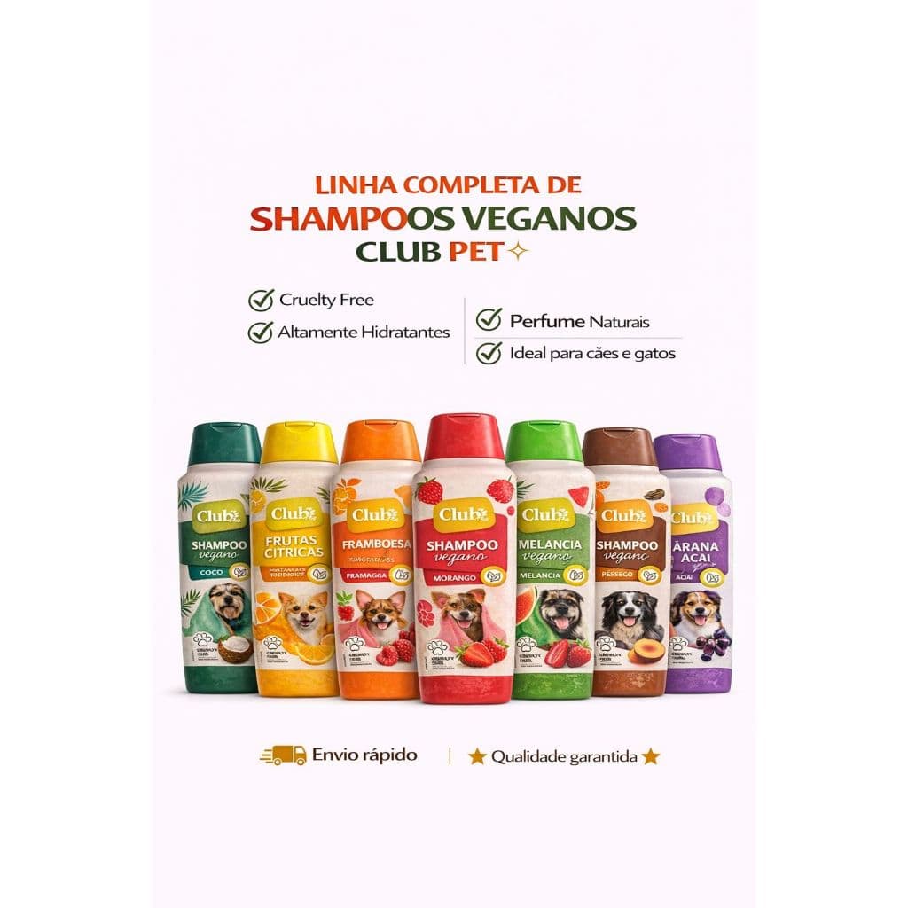 Club Pet Shampoo Vegano para Cães e Gatos 500ml 3 em 1 Cruelty Free Hidratante