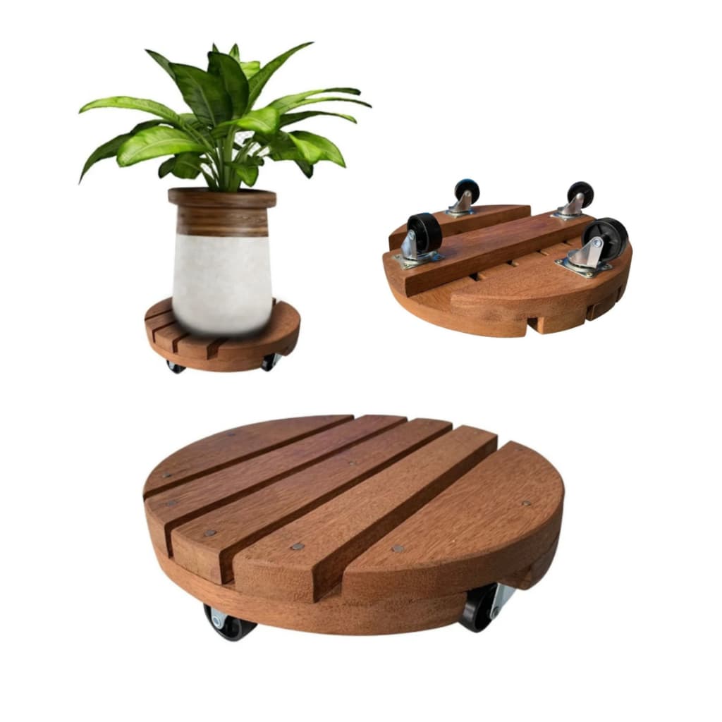Kit 02 Suporte Vaso De Planta Rodízio Madeira Redondo Rodinhas Multiuso Envernizado 20cm 25cm 30cm