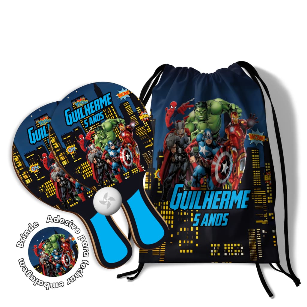 7/10/15/20/25 Kit Mochilinha e Raquetes Ping Pong - Heróis Vingadores