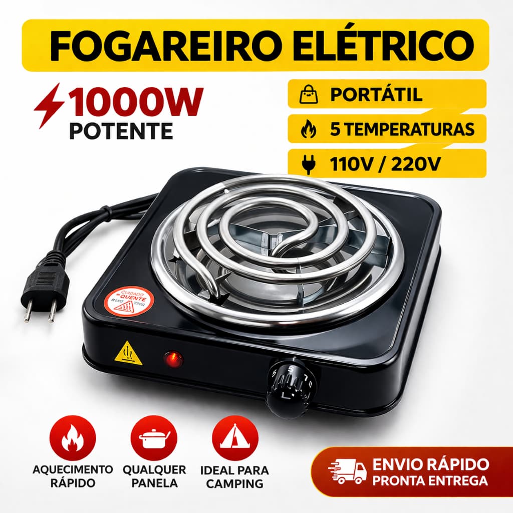 Fogareiro Elétrico Portátil 1000W 1 Boca 110V/220V 5 Temperaturas Para Camping e Cozinha Rápida