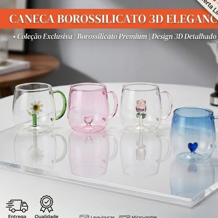 Caneca Decorativa 3D Vidro Xícara Copo Presente Premium Coração Rosa 400ml Dia das Mães Namorado