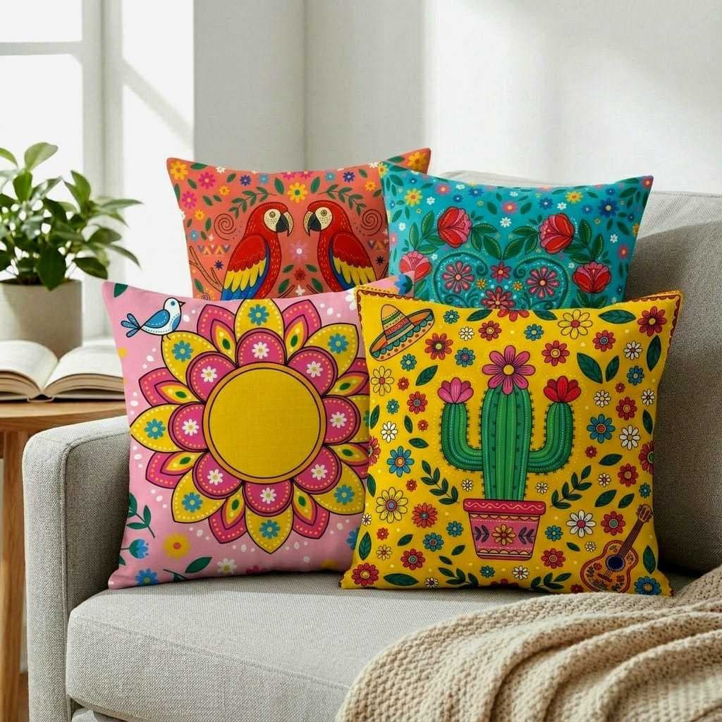 Kit Capas de Almofada México Vivo 4 Peças Coloridas Floral Cacto Decorativa Sala Sofá