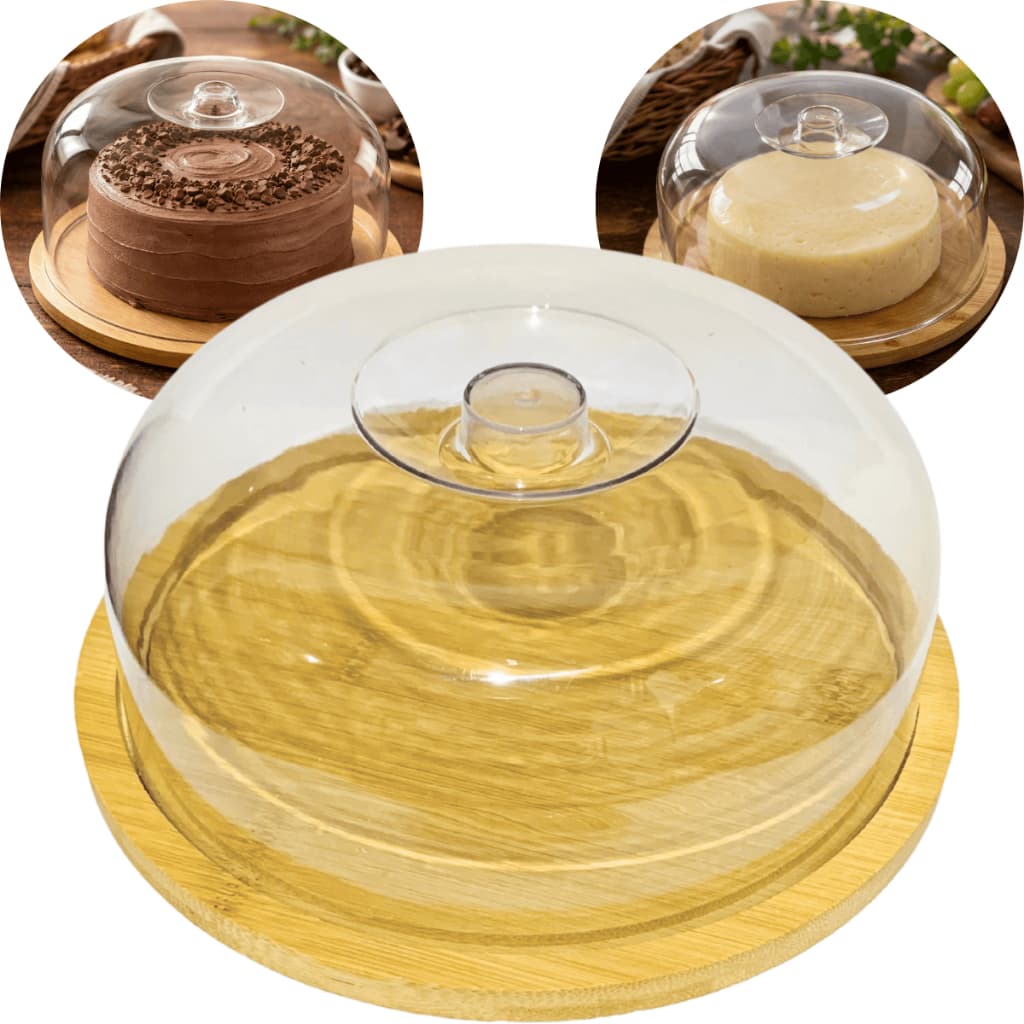 Queijeira Redonda 19cm Bambu Tampa Acrílica Porta Queijo Bandeja Servir Café Mesa Posta Gourmet
