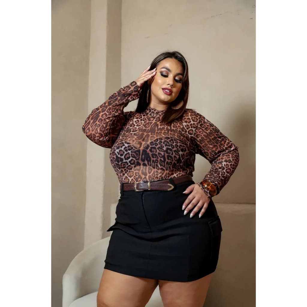 Body Plus Size Tule Manga Longa Animal print MODY  TRANSPARENTE