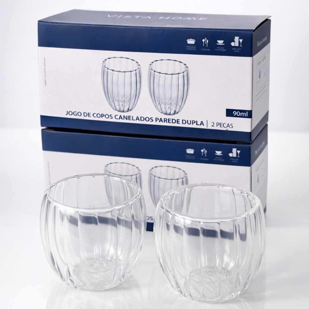 Kit 6 Copo Xícara Parede Dupla Canelado Vidro Café Shot Dose Moderno Chique Cantinho Café Escritório