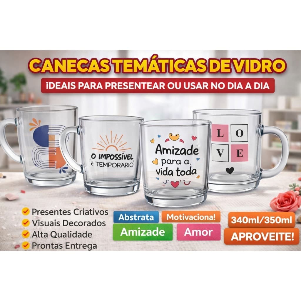 Caneca Temática de Vidro | Estampas Exclusivas | Presente Criativo 340ml 350ml