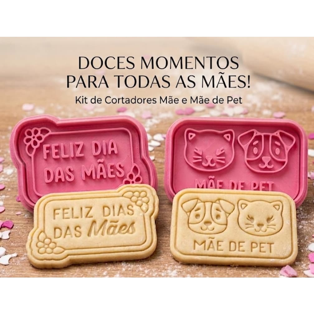 Mãe de Pet Cortador de Biscoito Carimbo Dia das Mães com Puxador 3D 2 peças.