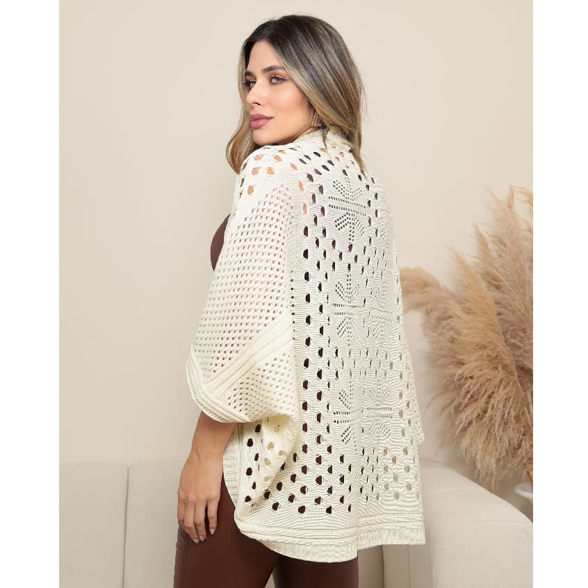 Poncho Casaco Tricot Feminino Detalhe em Crochê Vasado Elegante Manga Macio Quentinho Tricô Inverno