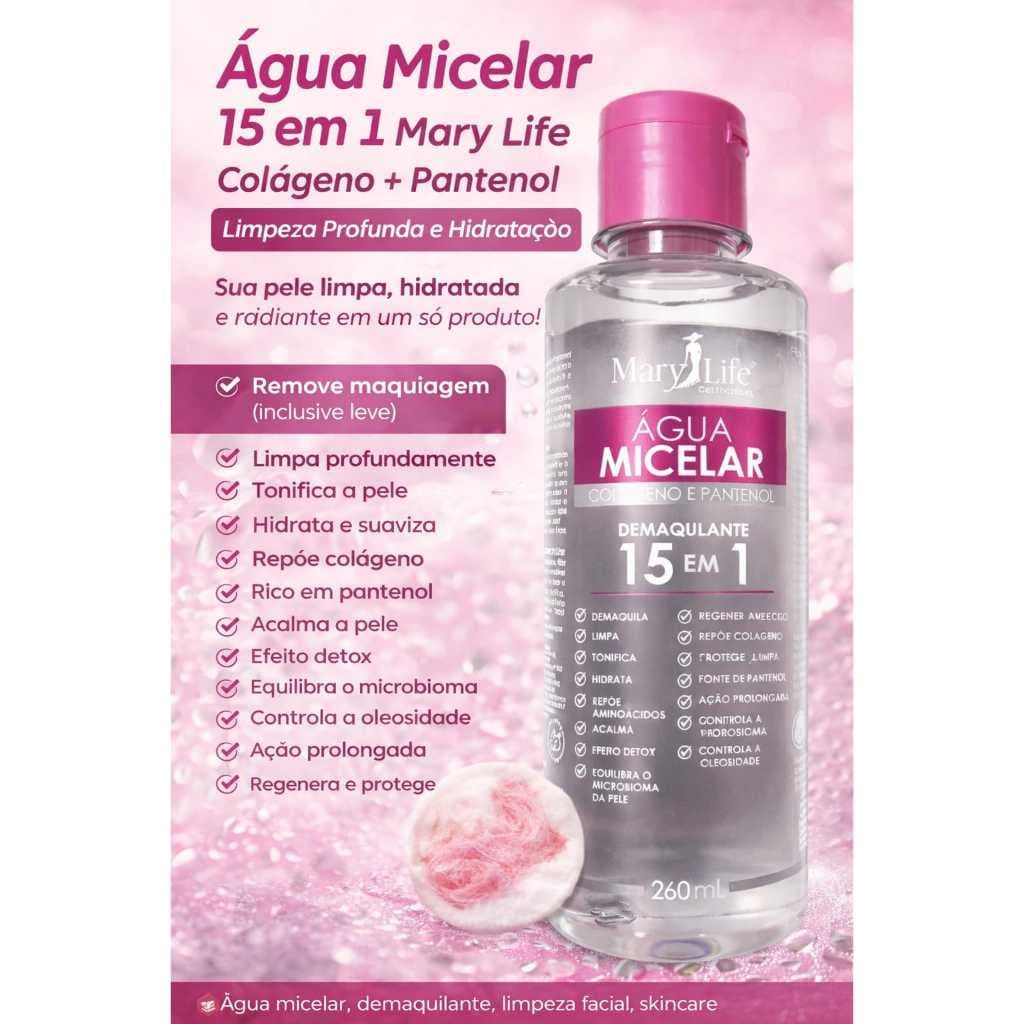 Água Micelar Mary Life 260ml - Hidrata, Acalma e Protege