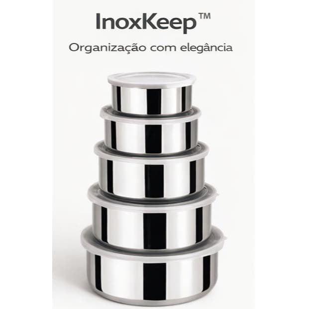Kit 5 Potes Herméticos Inox Redondos Tampa Vedante Empilhável InoxKeep™