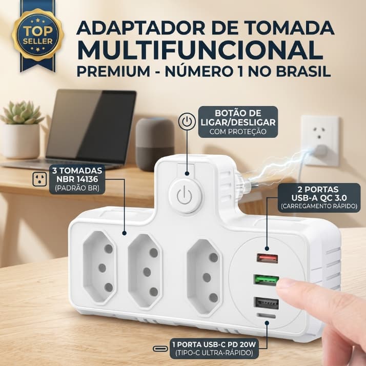 Adaptador de Tomada Universal Portátil 3 em 1 com Conversor, 2 Portas USB e 1 Tipo-C Rápido