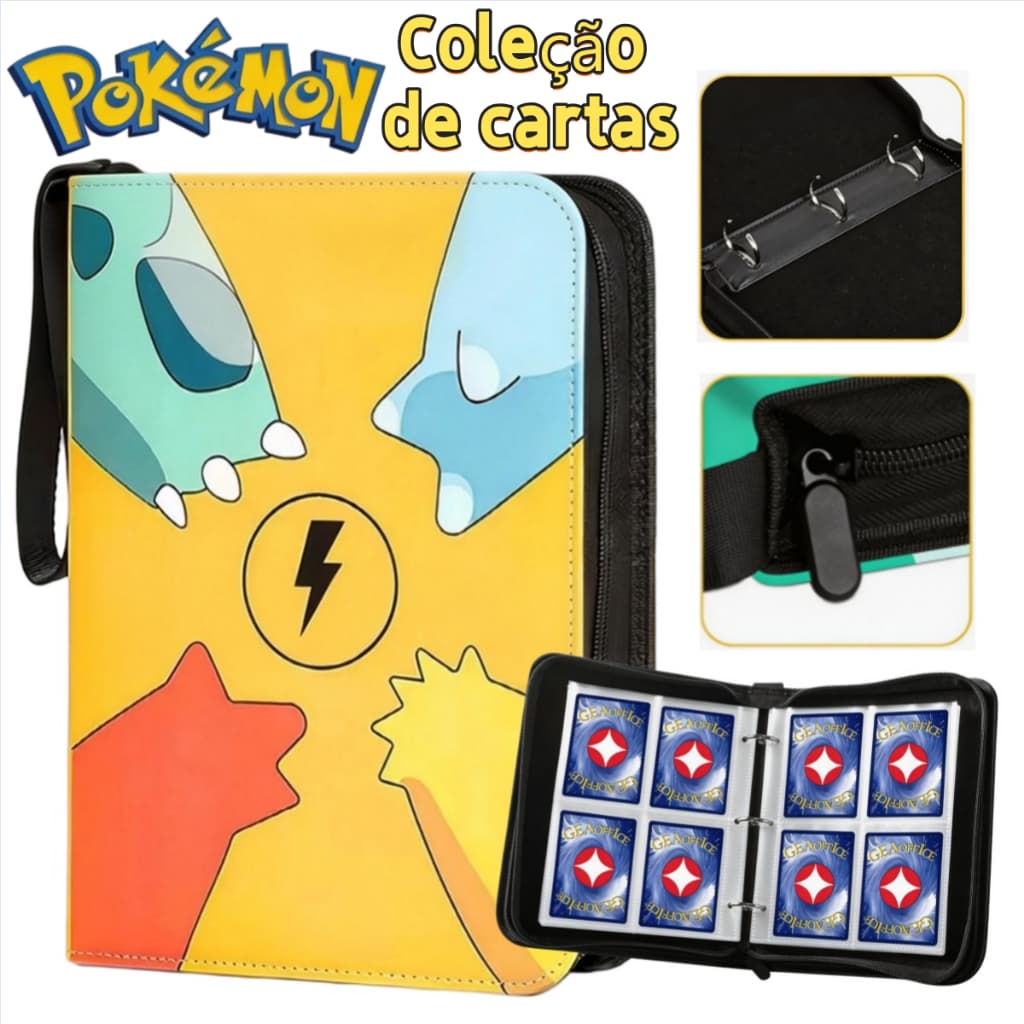 Álbum Cartas Pokémon 4 Bolsos Dupla Face para 400 Cartas com Zíper Porta Cartas Colecionador Couro