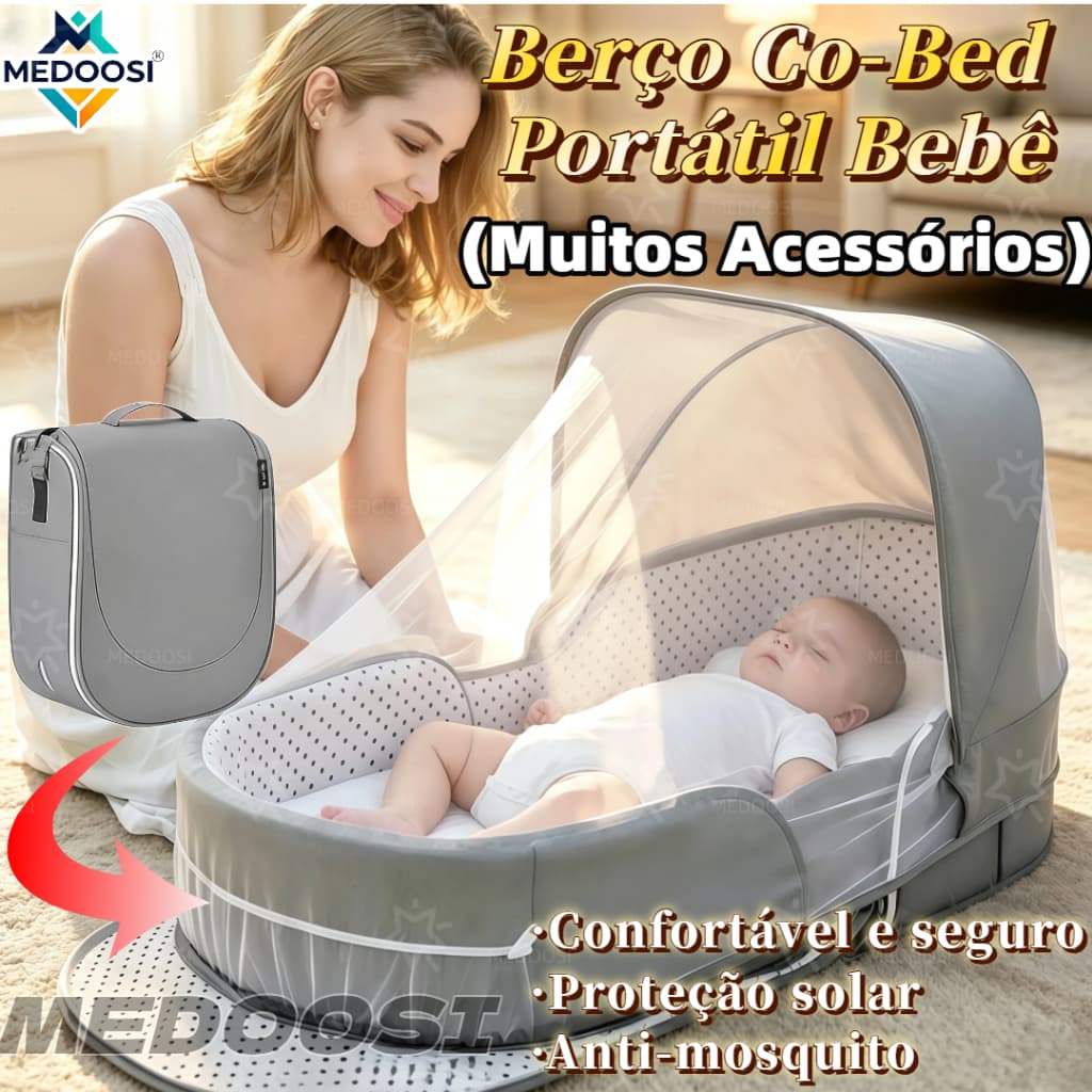 MEDOOSI Berço Co-Bed Portátil Bebê | Inclui Mosquiteiro,Toldo, Colchão Gel e Protetor para Conforto e Segurança 0-3 Anos