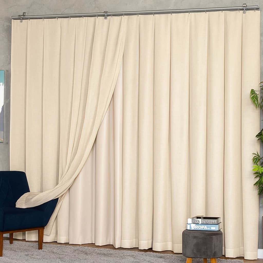 Cortina Trilho Suíço Duplo Voil De Linho 5,00 x 2,30/2,40/2,50/2,60/2,70/2,80 c/ Forro Blackout Grosso