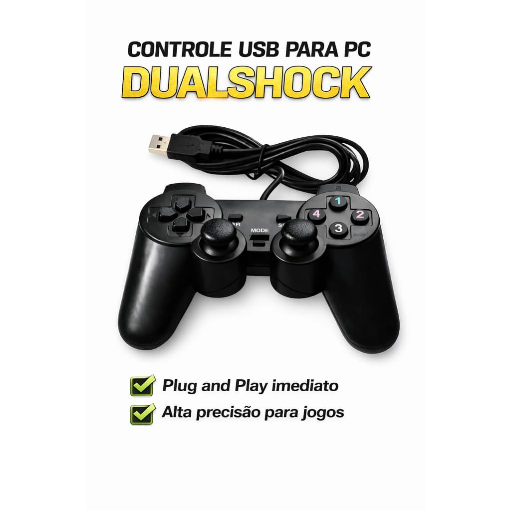 Controle USB para PC Dualshock – Jogue Melhor com Alta Precisão, Plug and Play, 17 Botões