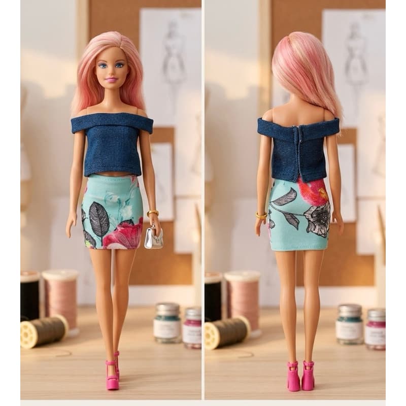 Roupa para boneca | blusa jeans + saia ou short